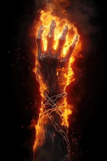 Fire hand burning on dark background