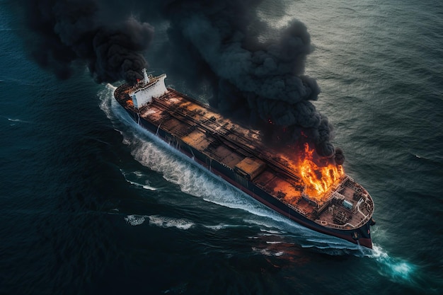 Fire has erupted on a tanker at sea causing significant damage and posing a potential environmental threat due to the risk of an oil spill Generative AI