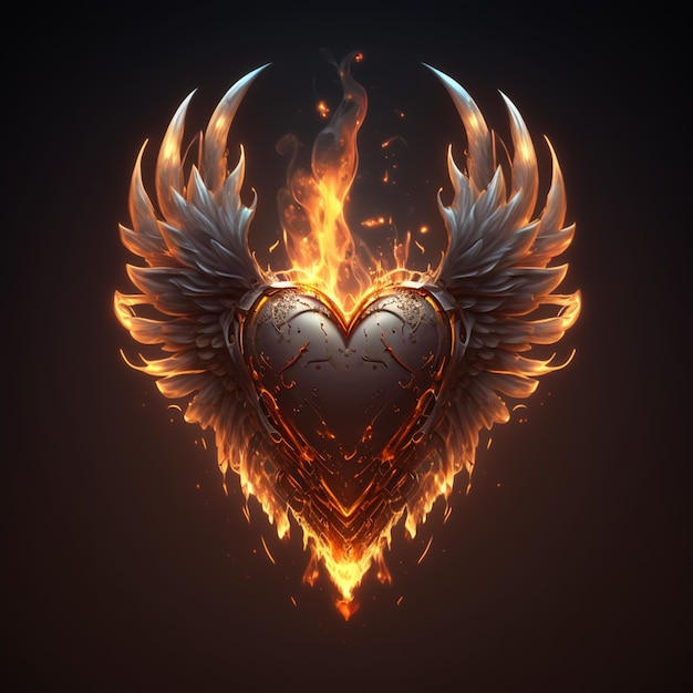 A fire heart with wings and wings is lit up in flames.