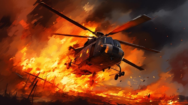 fire helicopter with fire flames in the forest