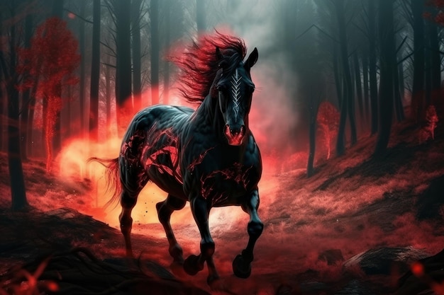 Fire horse in night forest Fog fantasy night