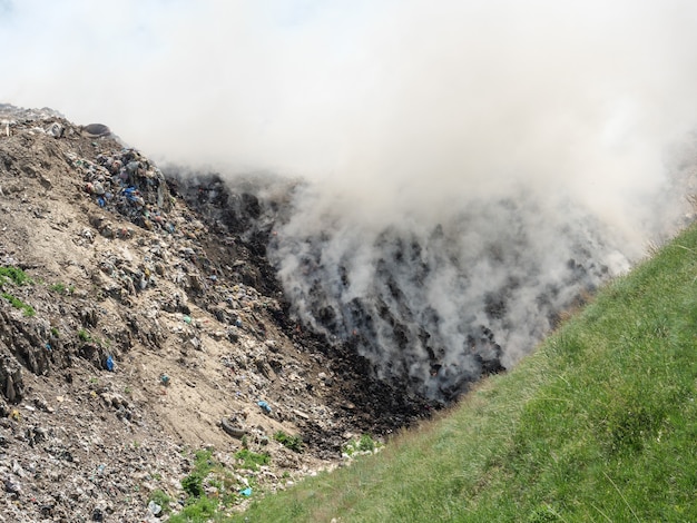 Fire at a household waste dump. Environmental pollution, disaster.