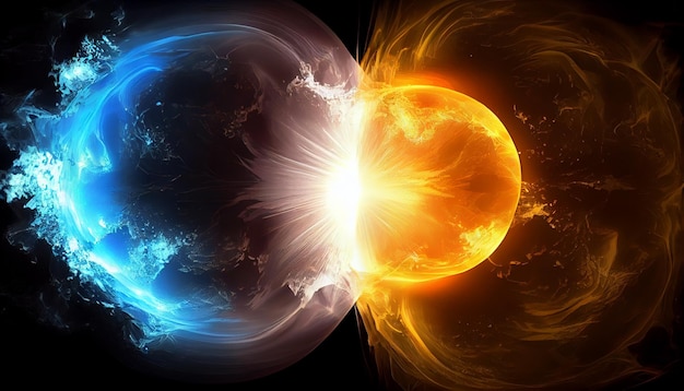 A fire and ice ball are shown in this image.