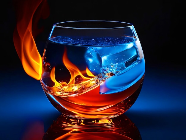 Fire And Ice Cubes In The giant round Glass Stock Photo