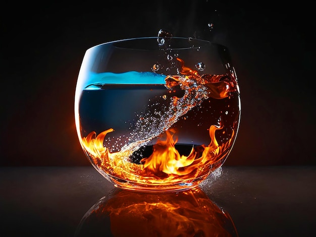 Fire And Ice Cubes In The giant round Glass Stock Photo