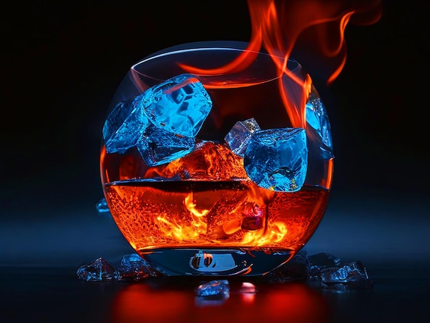 Fire And Ice Cubes In The giant round Glass Stock Photo