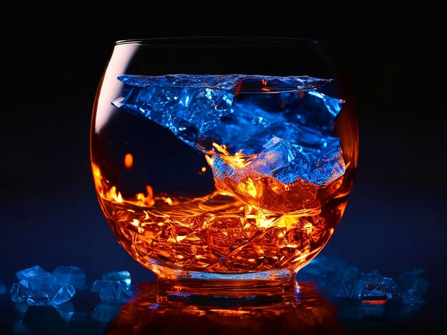 Fire And Ice Cubes In The giant round Glass Stock Photo