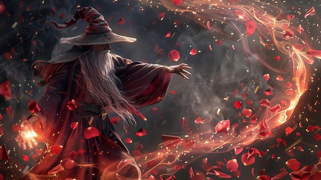 Photo fire and ice a wizard in a red robe stands in a dark place he has a long white beard and a pointed hat