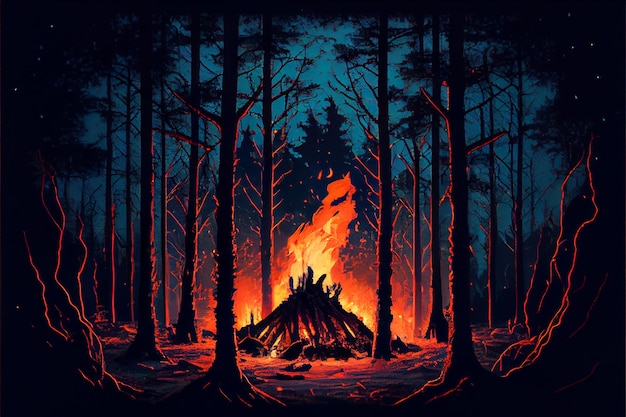 A fire is burning in the forest Generative AI