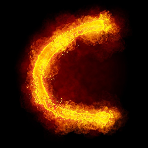 Photo fire letter c. fiery font. bright flamy font symbol.