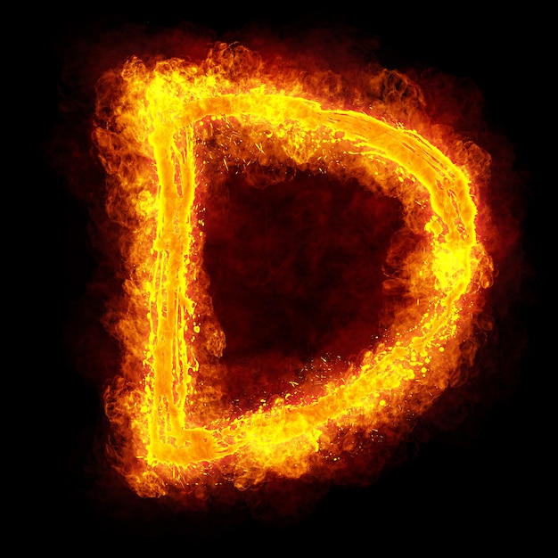 Foto lettera di fuoco d. font ardente. simbolo di carattere fiammeggiante luminoso.