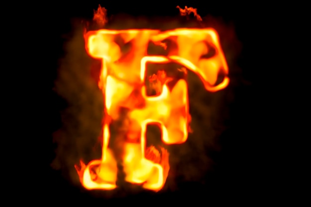 Fire letter F of burning flame light 3D rendering