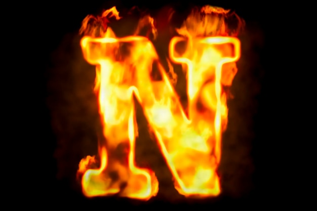 Photo fire letter n of burning flame light 3d rendering