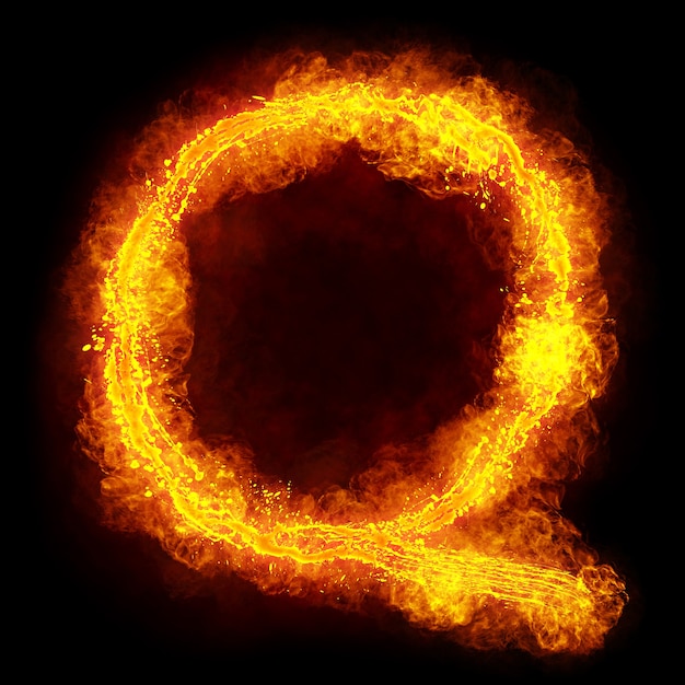 Lettera di fuoco q. carattere ardente. simbolo di carattere fiammeggiante luminoso.