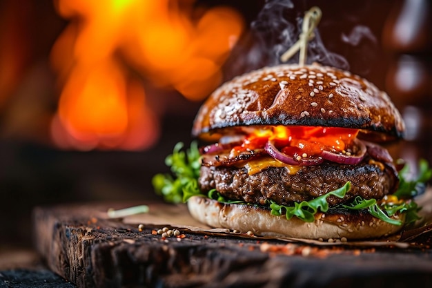 Fire meat burger on a wooden hemp