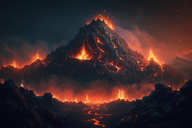 A fire mountain with a river in the background