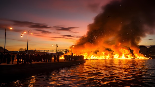 Пожар на реке Неве в Санкт-Петербурге Россия