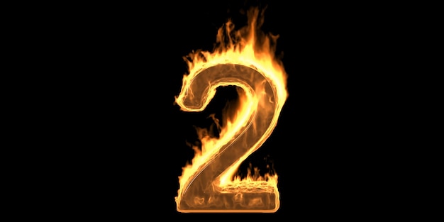 Fire number 2 two burning flame Hot fiery burn font glowing on black background 3d illustration