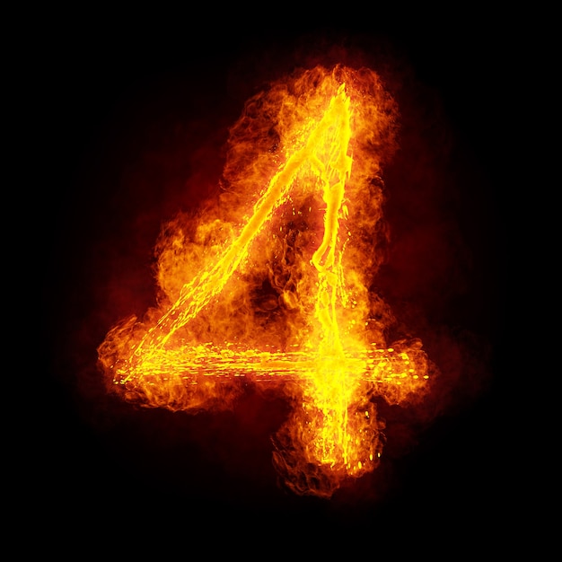 Fire number 4.  Fiery Font. Bright flamy font symbol.