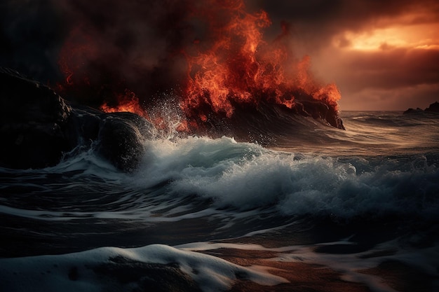 A fire on the ocean with a dark sky and a dark cloud