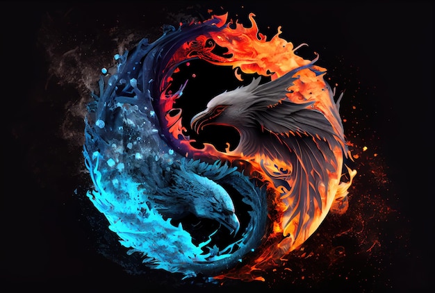 Fire Phoenix en Ice Dragon in de Yin en Yang op donkere achtergrond Abstract en Contrast symbool concept Generatieve AI