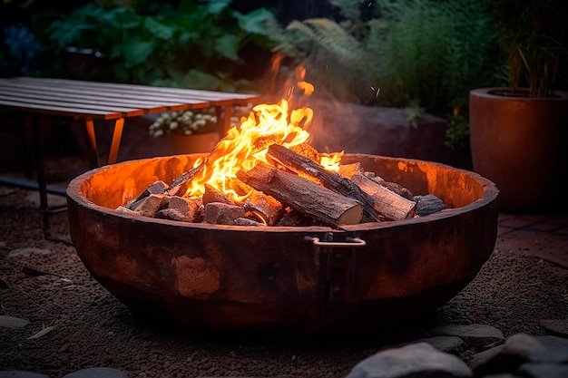 A fire pit in a backyard with a wooden bench in the background