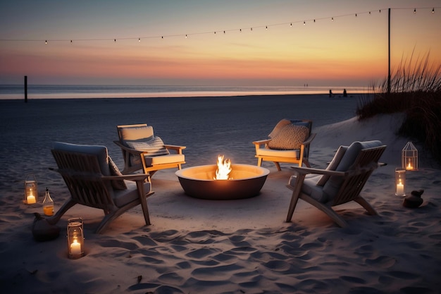 A fire pit on the beach at sunset