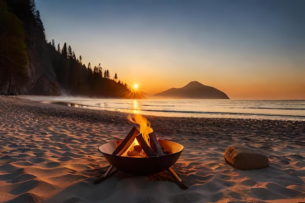 A fire pit on a beach at sunset.