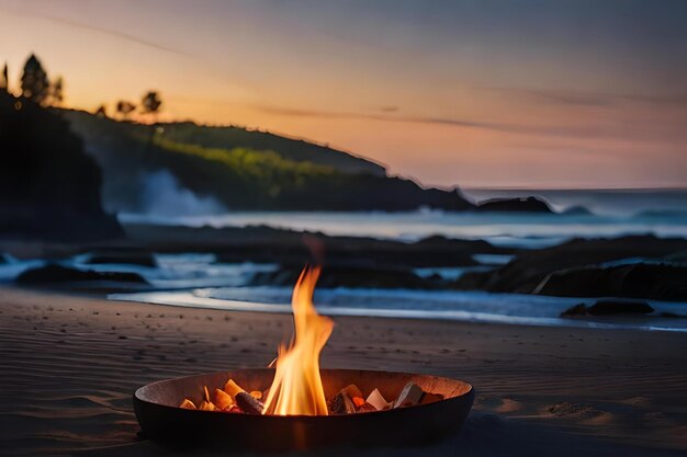 Photo a fire pit on a beach with waves crashing in the background.