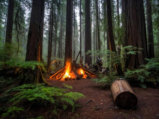 a fire pit in a forest with a log in the middle of it