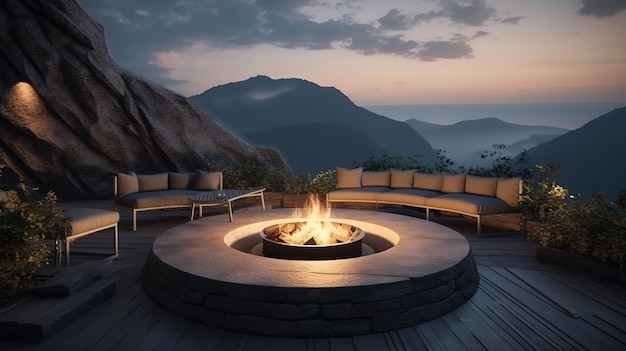 Fire pit and furniture on modern luxury mountain Generative Ai