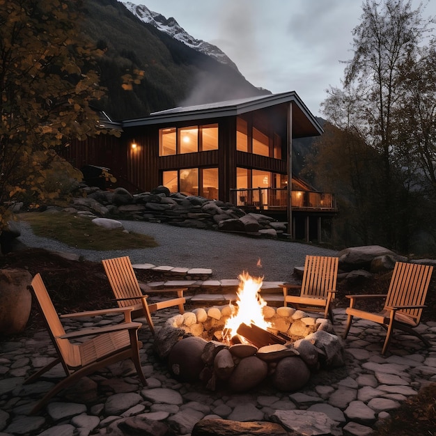 Fire pit near a modern mountain house Image generated by AI