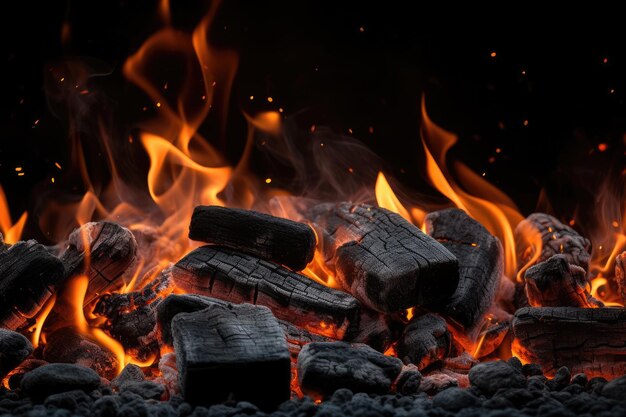 A fire pit with black coals and flames