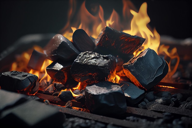 A fire pit with a black coals and the words'fire'on it