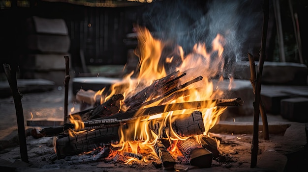 A fire pit with a fire in the background