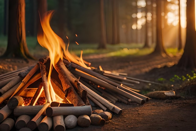 a fire pit with a fire in the background