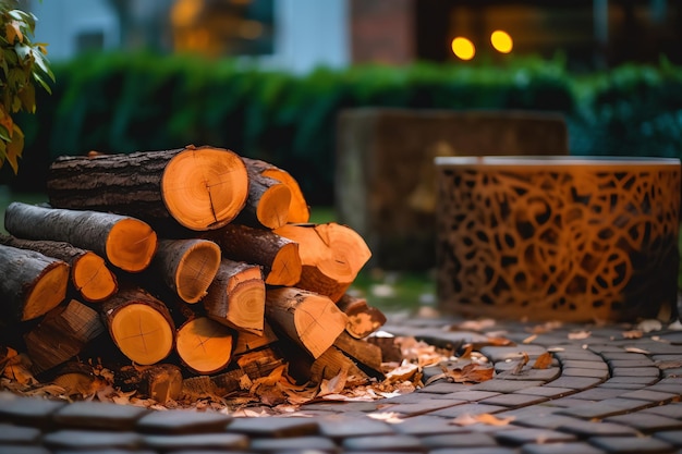 A fire pit with a fire in the background