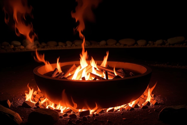 A fire pit with a flame in the middle of it