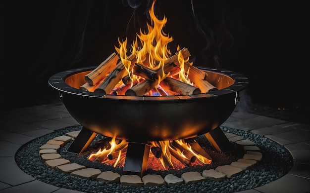 a fire pit with flames burning in it on a dark surface with a black background