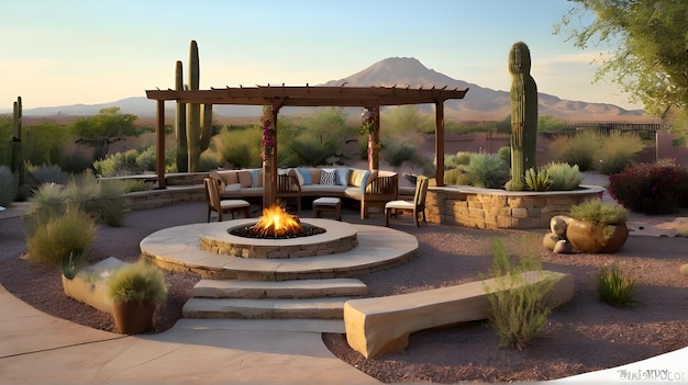 Photo a fire pit with a mountain in the background