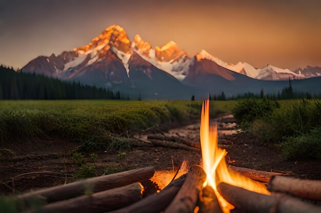 A fire pit with a mountain in the background