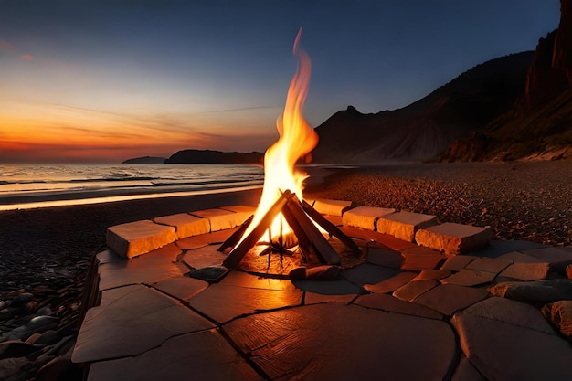 A fire pit with a sunset in the background