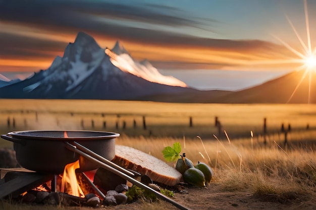 A fire pit with a view of mountains in the background.