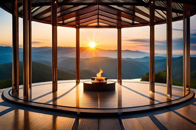 A fire pit with a view of mountains and mountains