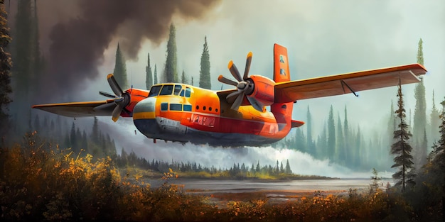 Fire plane dropping water on a forest fire Ia generative