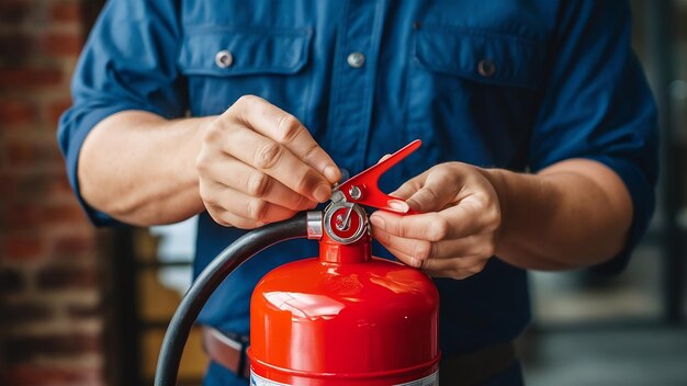 Fire protection engineer check the safety pin of red fire extinguishers tank