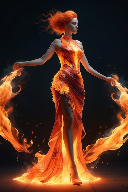 Fire Queen a beautiful girl in a dress made of fire isolated on dark background ai generative