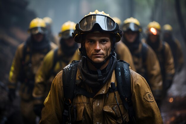 Foto la squadra di soccorso antincendio ritorna da un incendio forestale generato dall'ia