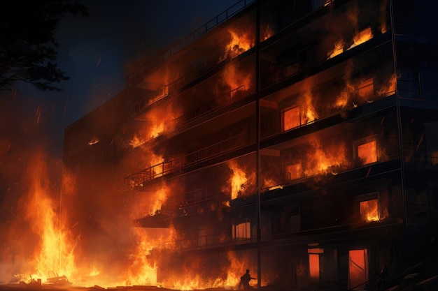 Fire in a residential building at night firefighters extinguish the fire night fire apartment is burning ai generated