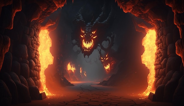 Сцена огня с демоном слева и демоном справа.